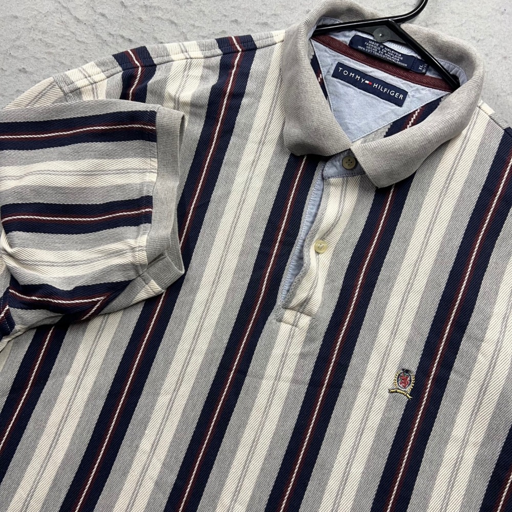 Tommy Hilfiger Mens XL Polo Shirt Grey Navy Striped Crest Logo Vintage 90s Style